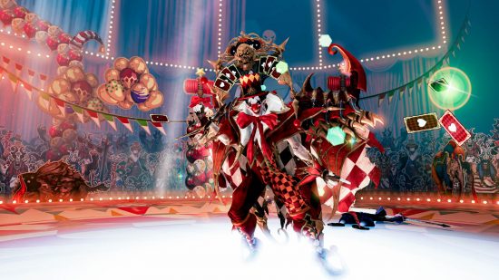 Lost Ark Patch Notes July Update – Kakul-Saydon, a demon clown in red and white, is in a smoky arena.