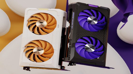 An image of the two 'Meow series' RTX 4060 GPUs from Colorfire, with beige and tan while the other is black and purple.