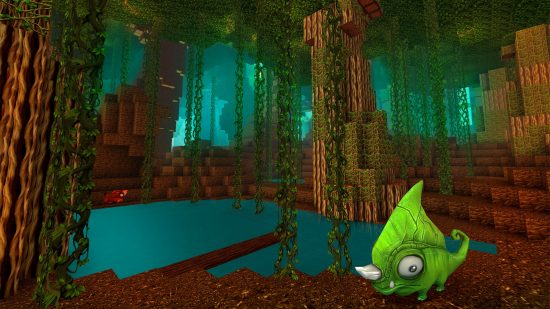 A small, green chameleon stands in a gloomy, blocky swamp, with vines and a cover of trees, in one of the best free games like Minecraft, Creativerse.