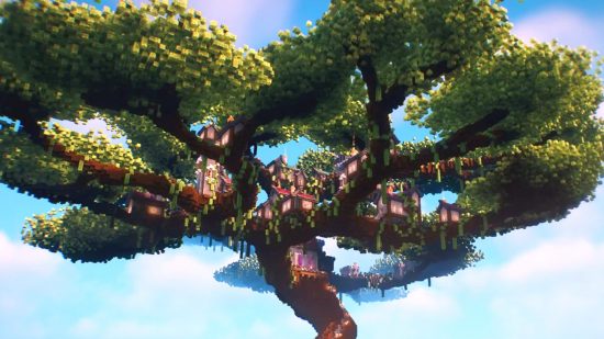 หมู่บ้าน Minecraft สร้างขึ้นในต้นไม้ที่กำหนดเองยักษ์ซึ่งเป็นหนึ่งในแนวคิด Minecraft ที่ดีที่สุดเรา