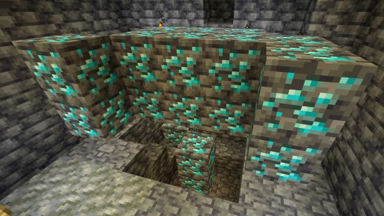 Minecraft seeds: diamonds seed - a large vein of diamonds surrounded by deepslate.