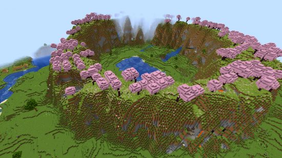 One of the best Minecraft seeds we've ever seen, this stunning location features pink cherry blossom trees set on a ring of mountains, circling a valley with a lake and caves.