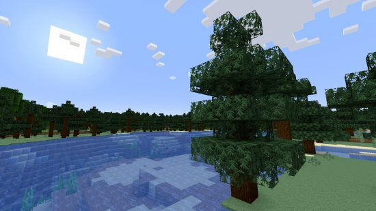 A detailed pinetree with the sun and a blue sky behind it in the Faithful 64 Minecraft texture pack.
