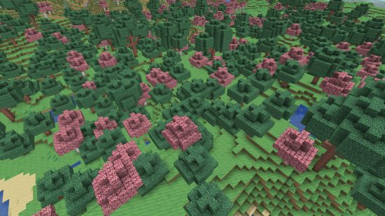 Minecraft trong tông màu pastel, với những cây bạch dương màu hồng nằm rải rác giữa những cây sồi trong gói kết cấu Annahstas Bastrinia