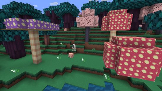 pink and purple mushrooms between minty green trees in one of the best Minecraft texture packs, Anemoia.