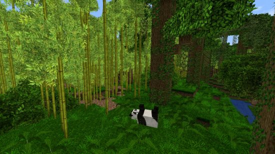 A panda lies on the floor of a bushy and detailed bamboo forest in the Epic Adventures Minecraft texture pack.