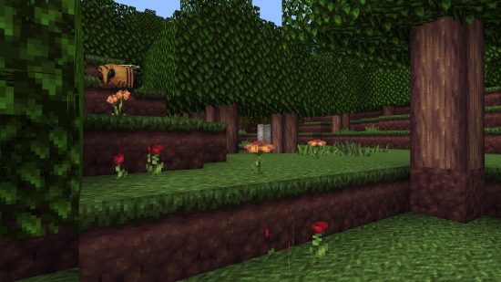 A dark, detailed bee flies over muted flowers and between trees in the Mythic Minecraft Texture pack.