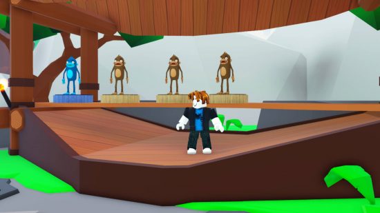 A Roblox character standing on a stage with several monkeys, trying to work with them to produce Monkey Tycoon codes.