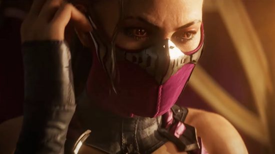 Wondering how long Mortal Kombat 1 is? Here's your answer: A tanned woman with glowing orange eyes wearing a purple mask covering her face with silver inlays with her gloved hand next to her ear