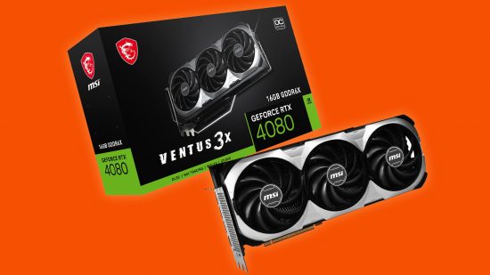 An image of MSI's RTX 4080 graphics card, and its box, on an orange background.