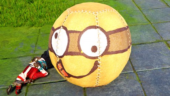 Naraka Bladepoint balls - a giant, yellow ball with a silly face on it stands over a fallen Viper Ning.