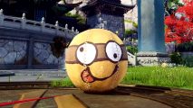 Naraka Bladepoint update - a yellow ball with a goofy face painted on it, resting in a beautiful garden.