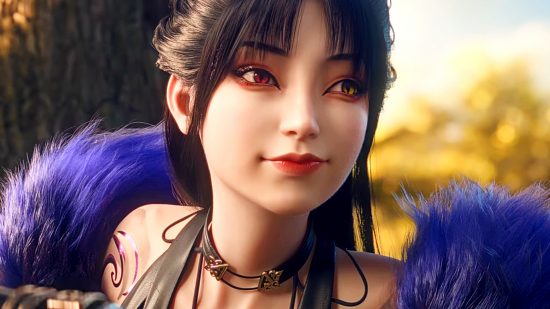 Naraka Bladepoint patch notes - a woman in purple and black clothing gives a wry smirk.