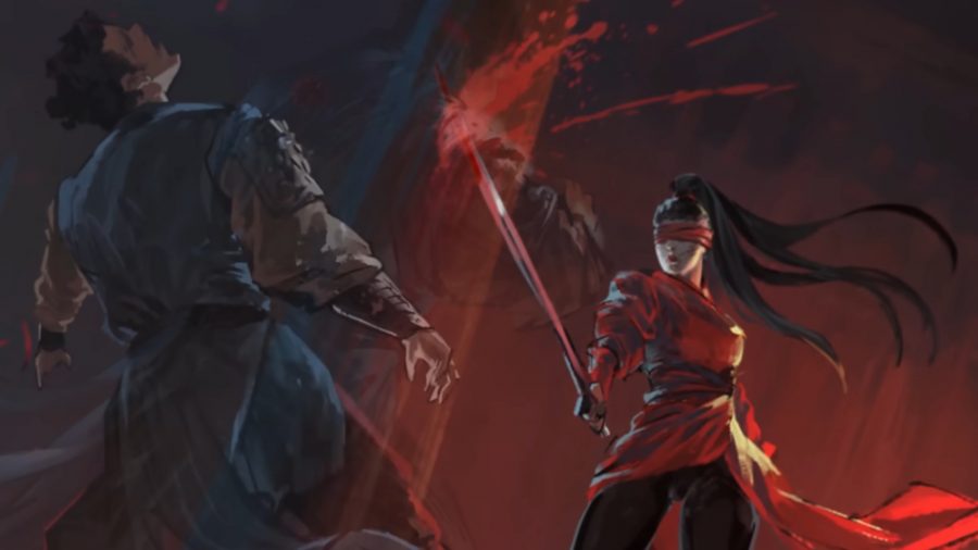 Naraka Bladepoint - a blindfolded woman in red brandishes a sword, bloodied from her last victim as he falls away.