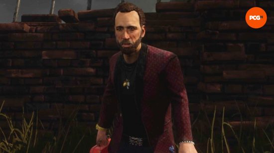 Nic Cage in Dead by Daylight at looking out of the screen, wearing a burgundy jacket.