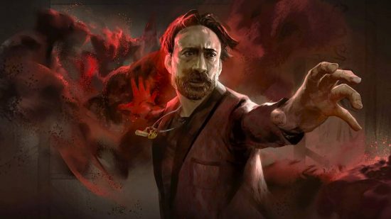 Dead by Daylight's Nic Cage outfits are actually real: A man with a red smoking jacker and black shirt holds off red energy with one hand reaching out with the other