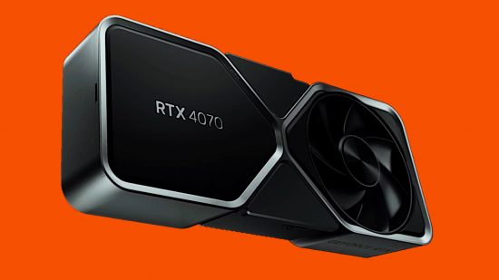 An Nvidia GeForce RTX 40 GPU, the RTX 4070, floats against an orange background