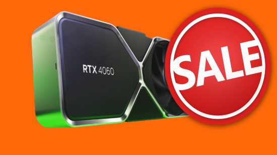 Nvidia GeForce RTX 4060 discount: a picture of the RTX 4060 appears in front of an orange background with a red sale sticker on it.