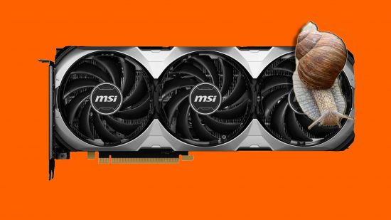 Nvidia GeForce RTX 4060 Ti 16GB MSI testing: an MSI RTX 4060 Ti 16GB appears against an orange background with a snail crawling down the front of it.