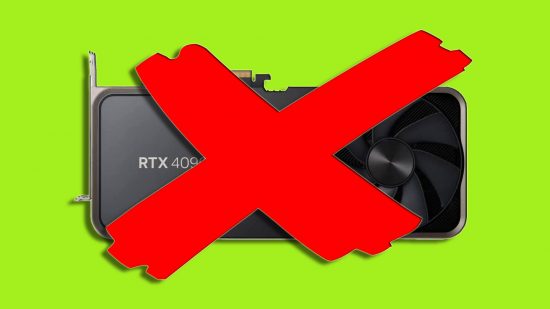Nvidia GeForce RTX 4090 Ti axed: an RTX 4090 Ti appears against a lime green background with a large red X in front of it.