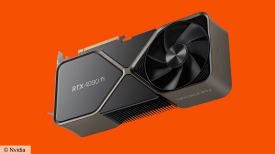 An Nvidia GeForce RTX 4090 Ti mock up, using a base 4090 GPU Founders Edition, against an orange background
