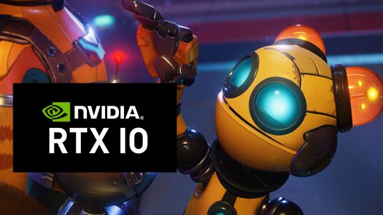 An image of the yellow robot character Kit from Ratchet and Clank Rift Apart, looking at the Nvidia RTX IO logo.