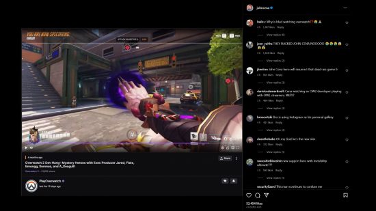 Overwatch 2 John Cena tease - A post on Cena's Instagram of a screenshot from an Overwatch 2 developer livestream.