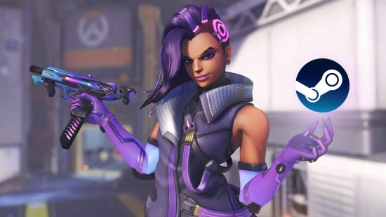 Overwatch 2 is coming to Steam, yes, really: A woman wearing a purple high-necked jacket with bright purple gloves stands with her arms shrugged, a gun in one hand the Steam logo in the other, sporting a half shaved head with a pink cybernetic implant