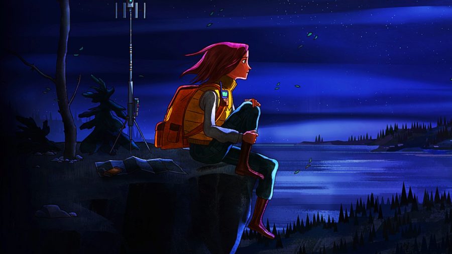 RIley, the protagonist of Oxenfree 2, sits on a cliff edge overlooking the ocean at night, Edwards Island barely visible on the horizon.