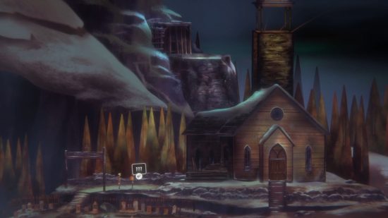 Jacob and Riley find themselves near a dilapidated church, with the roof heavy with snow, near one of the Oxenfree 2 letter posts.