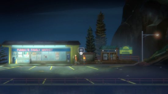 Jacob and RIley stand in the fluorescent glow emanating from the Camena convenience store, near one of the Oxenfree 2 letter posts.
