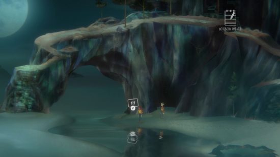 Jacob and Riley find themselves on the bank of a small river that runs along the beach between a horseshoe-shaped rock structure, near one of the locations of the letters Oxenfree 2.