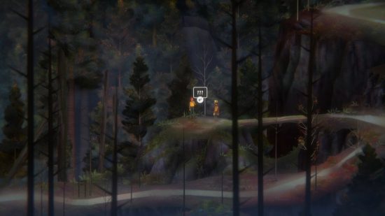 Jacob and RIley are on a weathered boulder with a fallen log that connects to the main path, near one of the Oxenfree 2 letter locations.