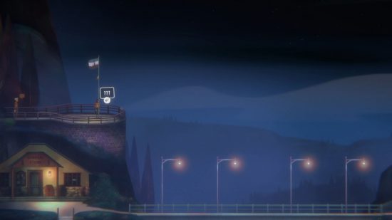 Jacob and Riley find themselves at a vantage point with a flag waving in the sea breeze, near one of the Oxenfree 2 letter locations.