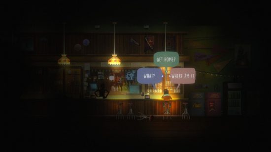 Oxenfree 2 review: Riley sits at a dingy dive bar, the dialogue options expressing her confusion as a shadowy bartender stands nearby, his hands on his hips.