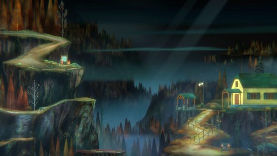 Oxenfree 2 review: Riley and Jacob stand on the precipice of a cliff overlooking a ravine, Camena's woodland lost in fog and darkness.