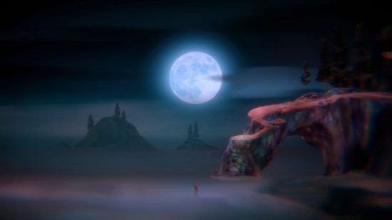 Oxenfree 2 review: Riley stands awkwardly, as if possessed, on a desolate beach with the full moon glowing brightly above her head.