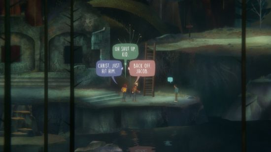 Oxenfree 2 review: Riley and Jacob confront one of the teens, with dialogue options above Riley's head encouraging Jacob to back off or throw a punch.