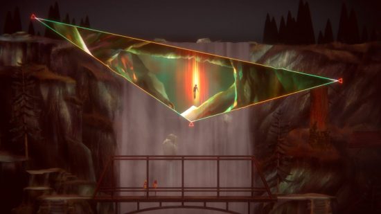 Oxenfree 2 review: One of the teens hangs suspended in the air, held in the light of The Sunken that emerge from the triangular rift above a bridge as Riley and Jacob look on.