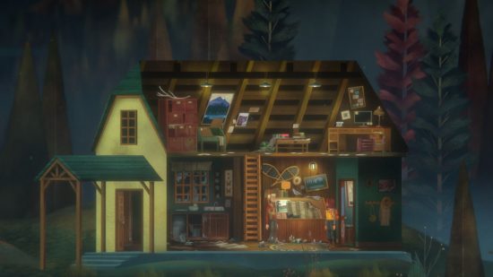 Oxenfree 2 review: Riley and Jacob stand in a rustic ranger's cabin filled with detritus, including a strange cult ritual on the ground between them.