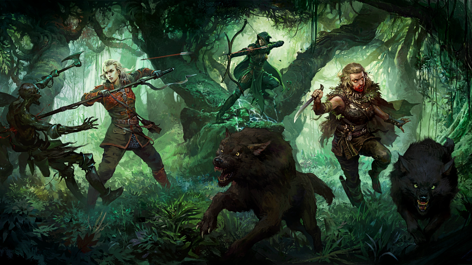 Path of Exile 2 - three people and their wolf companions fight skeletons in a dense, lush jungle.