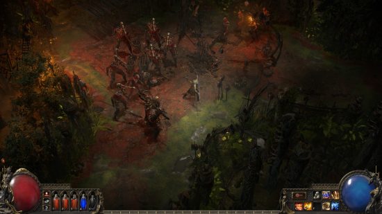 Path of Exile 2 - a Huntress stands amid a horde of skeletal enemies in a dank cavern.