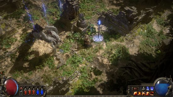 Path of Exile 2 - a Durid and a giant, pillar-hoisting monkey fight in a large field.