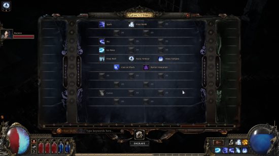 Path of Exile 2 Uncut Gems - the Gemcutting menu, where players can select the skill of their choosing for their newest drop.
