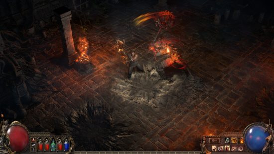 Path of Exile 2 - a warrior and a demon square off in a stone temple.