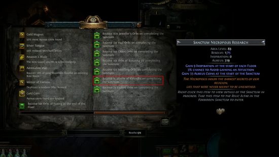Path of Exile 3.22 - Forbidden Sanctum Rewards som erbjuder en spegel av Kalandra, en av de sällsynta artiklarna i ARPG