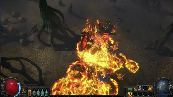 Path of Exile 3.22 - Karakter memamerkan permata dukungan proyektil yang baru kembali, dengan bola api memantul di seluruh layar