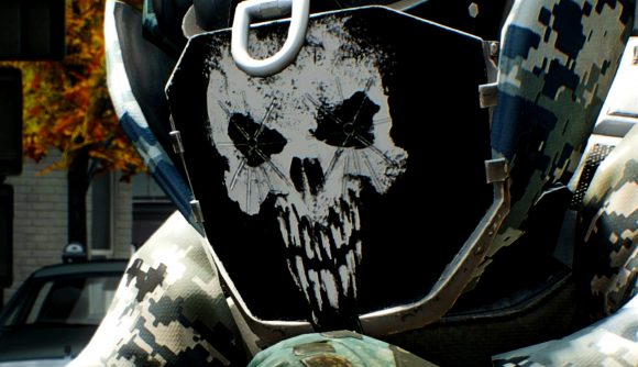 Payday 2 free with Prime Gaming August - a person in a heavy armored suit with a skull painted on the front.