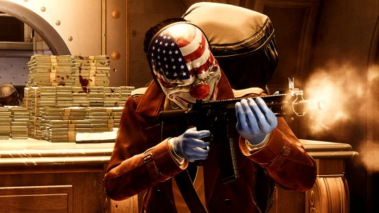 Payday 3 online connection required - a person in a Stars and Stripes mask with a clown nose fires a gun in a vault full of money.