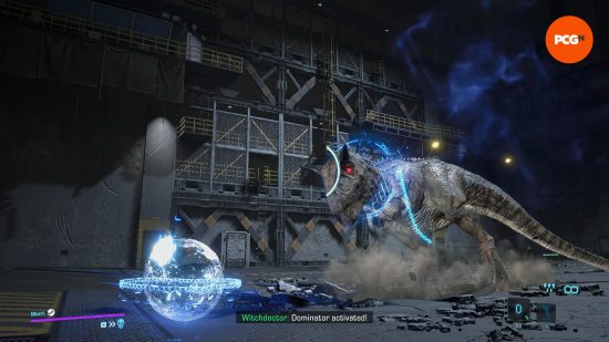 A mechanical character leashing a T-Rex with a electrical whip in a storage room